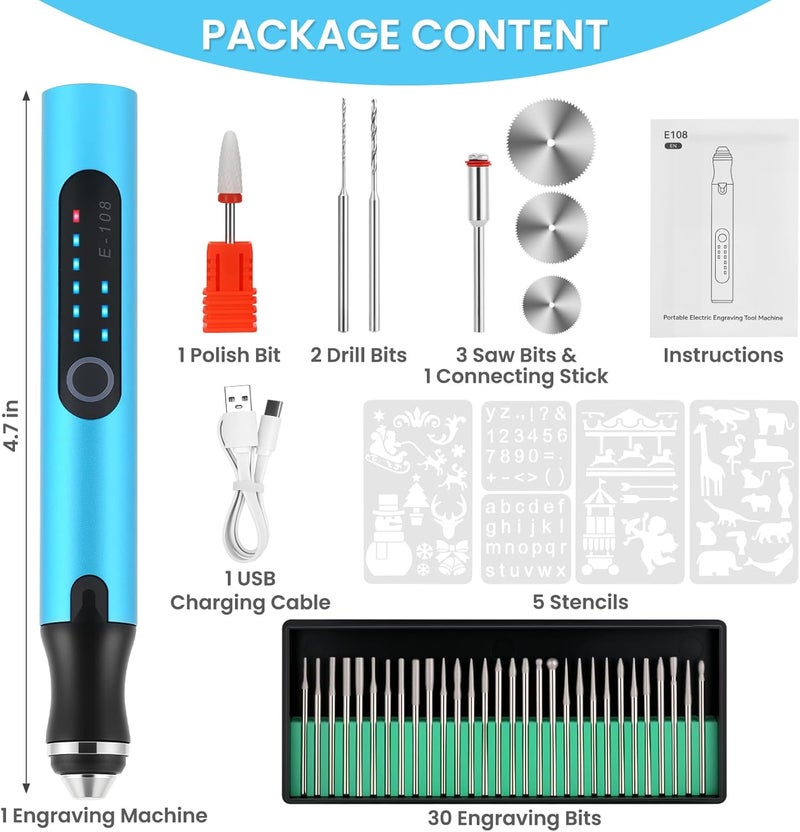 Timntts Electric Engraving Pen with 37 Bits, USB Rechargeable Cordless Etching Engraving Tool, Portable DIY Rotary Engraver for Jewelry Wood Glass Stone Carving (Blue) - Image 3